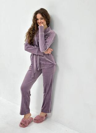 Жіночий домашній костюм піжама двійка ліловий колір преміум велюр кофта довгий рукав та штани розміри s/m, m/l