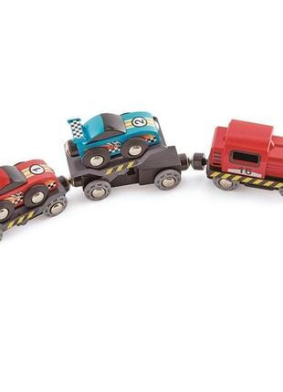 Набор для игрушечной железной дороги hape поезд-транспортер для гоночных автомобилей (e3735)2 фото