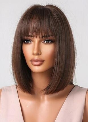 Парик каре коричневый с челкой термопарик