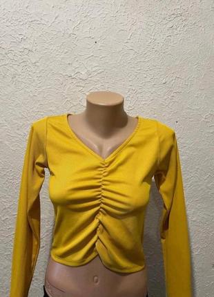 Укороченная блузка желтая / укороченная кофточка кроп топ / желтая кофта укороченная