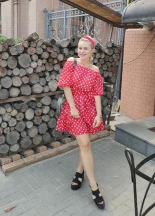 Шифоновое красное платье в горох3 фото