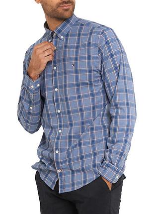 Мужская рубашка в клетку синяя длинный рукав tommy hilfiger размер xl хлопок