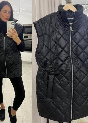 Жилет стеганный батал на молнии воротник стойка по талии утяжка с фиксатором врезные карманы ткань плащевка лаке синтепон 150 подклад