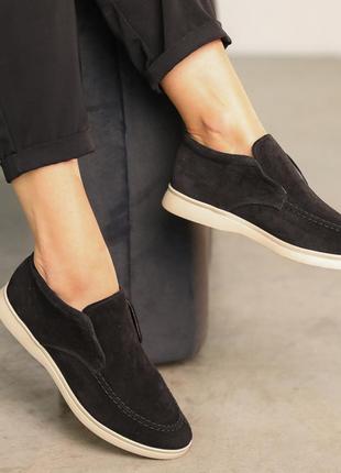 Трендовые черные комфортные женские туфли лоферы кэжуал весна/осень,натуральная замша-женская обувь деми