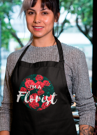 Фартух чорний кухонний з оригінальним принтом для флориста "i'm a florist. я - флорист. троянди"