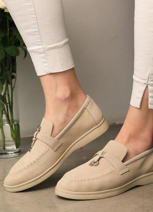 Стильні актуальні бежеві легкі жіночі лофери весняно-осінні,замшеві/натуральна замша-жіноче взуття
