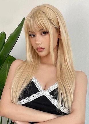 Парик блондинка с челкой, парик длинные прямые волосы