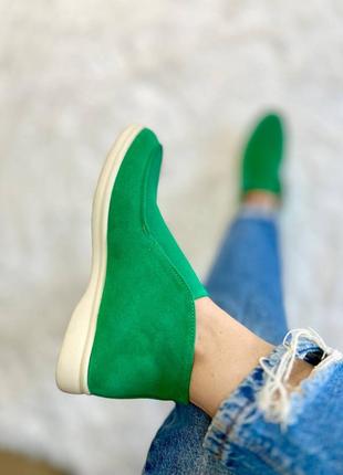 Зелені замшеві черевики високі лофери демісезонні5 фото