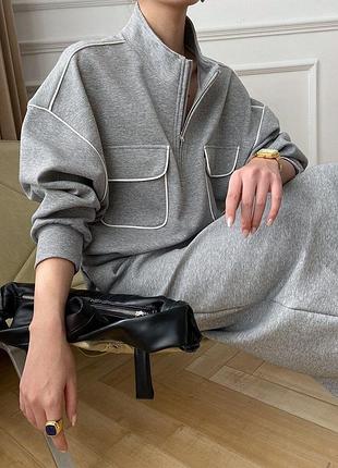 Серый костюм с юбкой миди