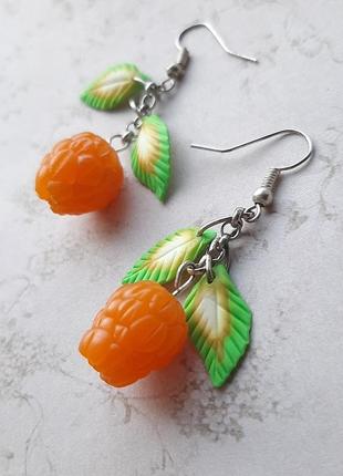 Серьги морошка ягодн полимерн глина ручн раб жёлт салат лист малин hand made