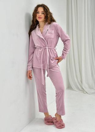 Жіночий домашній костюм піжама двійка рожева пудра преміум велюр кофта довгий рукав та штани розміри s/m, m/l1 фото