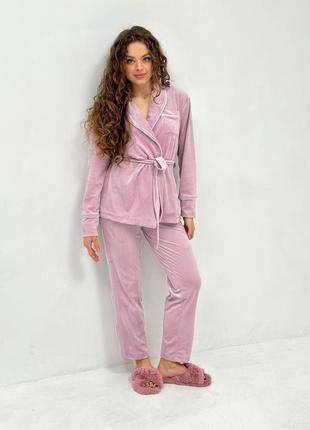 Жіночий домашній костюм піжама двійка рожева пудра преміум велюр кофта довгий рукав та штани розміри s/m, m/l10 фото