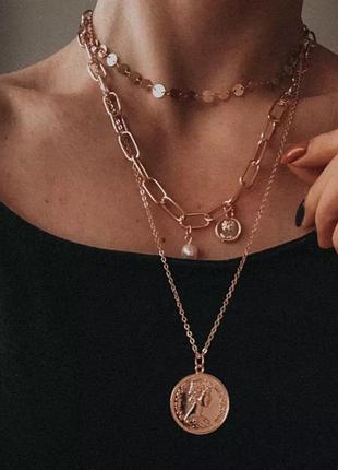 Шикарный чокер колье цепь цепочка ожерелье золотистое многоярусная цепь жемчуг 3 в 1