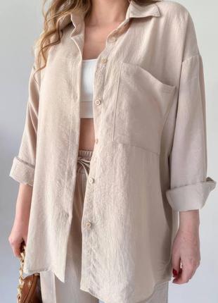 Оверсайз костюм двойка🍃 женский классический комплект рубашка и брюки со стрелками жатка