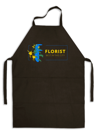 Фартух чорний кухонний з принтом для флориста "florist best in the city найкращий флорист в місті"
