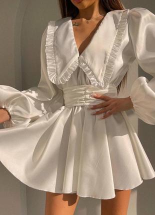 Ніжна атласна сукня з комірцем, плаття міні по фігурі з коміром, сукня з об'ємними рукавами, плаття венсдей8 фото