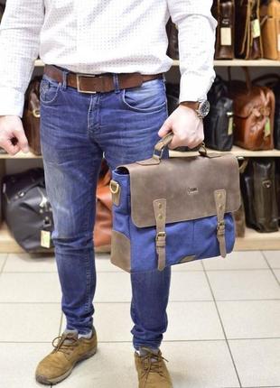 Чоловіча сумка-портфель шкіра + парусина rk-3960-4lx від українського бренда tarwa8 фото