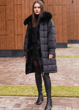 Пальто женское зимнее стеганое черное3 фото
