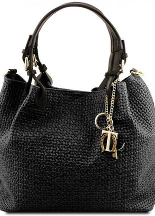 Шкіряна сумка-шопер keyluck з плетеним тисненням tuscany tl141573 (чорний)