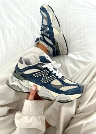 Крутые женские мужские кроссовки new balance 9060 natural indigo premium синие с бежевым