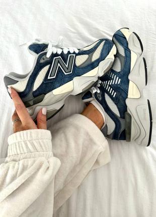 Крутые женские мужские кроссовки new balance 9060 natural indigo premium синие с бежевым6 фото