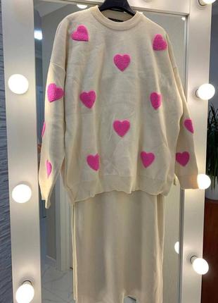 Турция вязаный костюм свитер с сердечками + юбка 🔥1 фото