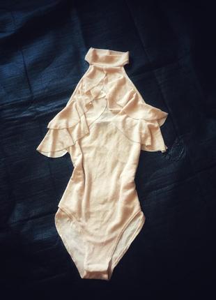 Топ пудровый с блеском, боди топ, рюши, воланы, чокер, американская пройма