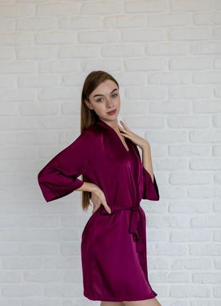Шелковый комплект пижама тройка халат майка шорты бордо марсала5 фото