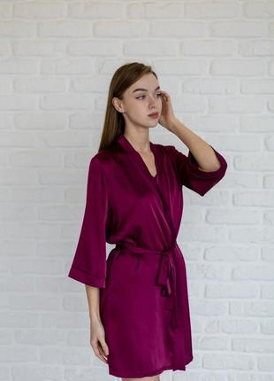 Шелковый комплект пижама тройка халат майка шорты бордо марсала6 фото