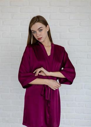 Шелковый комплект пижама тройка халат майка шорты бордо марсала9 фото