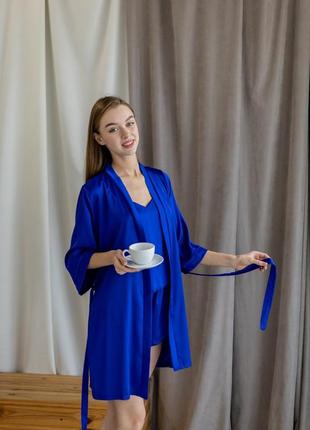 Шелковая пижама тройка халат майка шорты синяя электрик2 фото