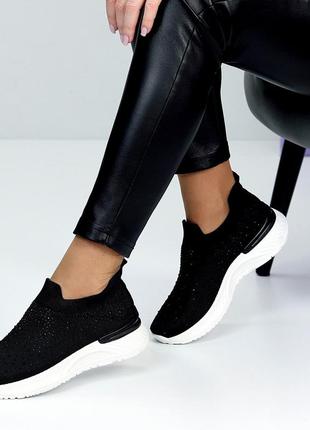 Чорні жіночі сліпони мокасини кросівки тканеві текстильні з стразами6 фото