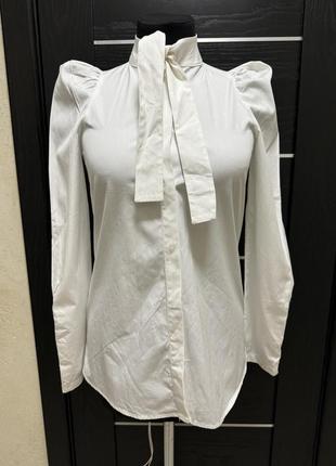 Рубашка с объемными плечами, рубашка, блуза с бантом, рукава- фонарики, рубашка