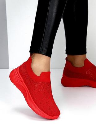 Красные женские слипоны мокасины кроссовки тканевые текстильные с стразами2 фото
