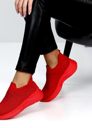 Красные женские слипоны мокасины кроссовки тканевые текстильные с стразами3 фото