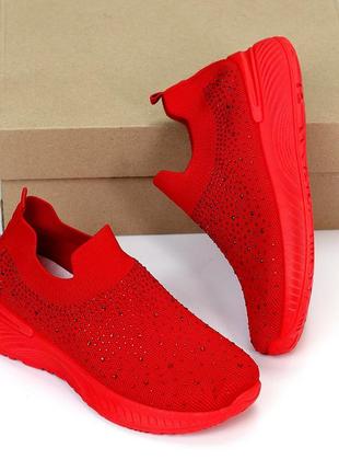 Червоні жіночі сліпони мокасини кросівки тканеві текстильні з стразами4 фото