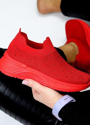 Червоні жіночі сліпони мокасини кросівки тканеві текстильні з стразами7 фото