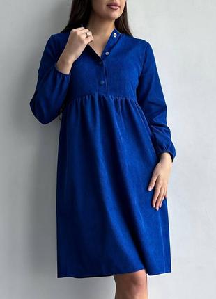 Идеальное яркое практичное синее вельветовое платье свободного кроя