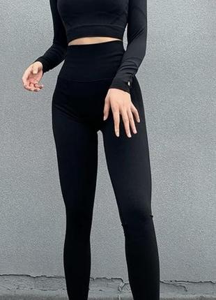 Спортивный комплект костюм для фитнеса спорта безшовный с длинным рукавом из пуш-ап черный4 фото