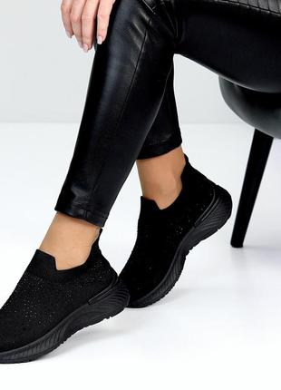 Черные женские слипоны мокасины кроссовки тканевые текстильные с стразами6 фото