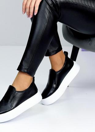 Черные женские слипоны мокасины кроссовки кеды из натуральной кожи4 фото