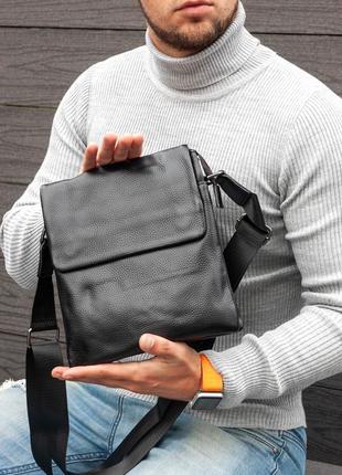 Мужская сумка через плечо, сумка-мессенджер кожаный черного цвета, барсетка с магнитным клапаном