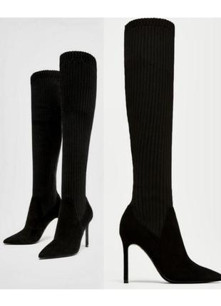 Високі ботфорти чорні zara ботфорти панчохи чоботи човники ботфорти гостроносі на шпильці ботфорти стрейчеві чоботи трикотажні