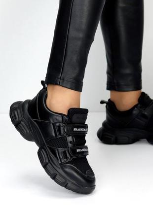 Круті жіночі кросівки. в молодіжному стилі на липучках, еко шкіра + текстильна сітка в чорному кольо3 фото