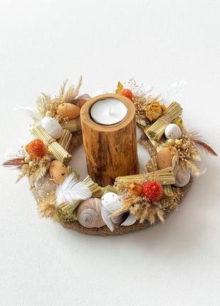 Набор веночек весенний и свеча деревянная декор весна декор на пасху весенний подарок маме подруге сестре3 фото
