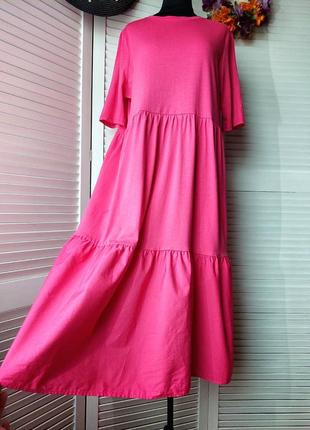 Платье оверсайз ярусное миди ярусное розовое фуксия3 фото