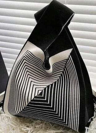 Тренд стильна чорно біла геометричний узор жіноча в'язана текстильна сумка шопер1 фото