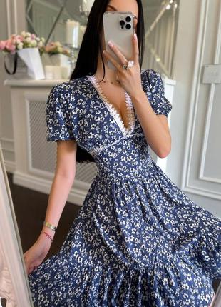 Распродажа 🏷 муслиновое платье бюстье в мелкий цветочный принт приталенного кроя с короткими рукавами фонариками2 фото