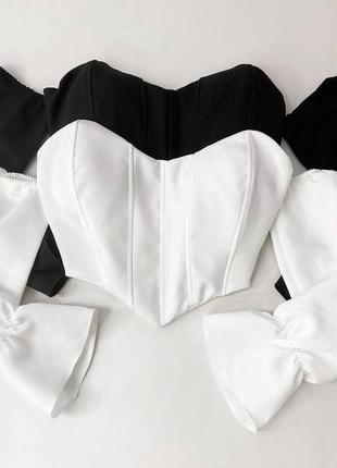 Роскошная блуза со шнуровкой на спинке с имитацией корсета и пышными рукавами стильная трендовая белая бежевая черная2 фото
