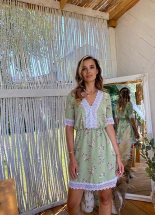 Розпродаж 🏷 плательна бавовняна сукня на гумці в дрібний квітковий принт з короткими рукавами з мереживом
